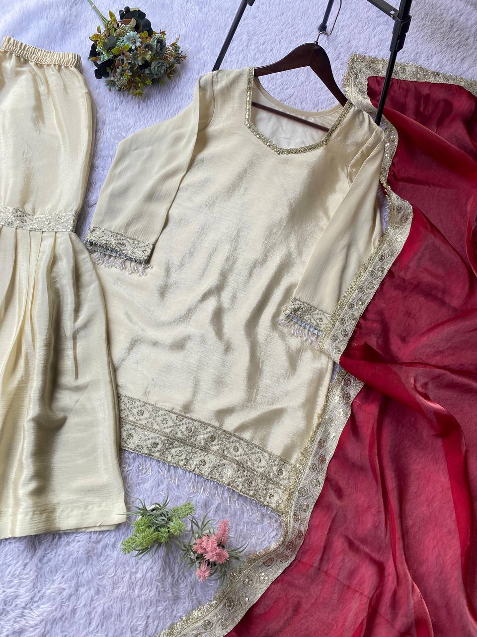 Classic Ivory Sharara Set with Maroon Accents