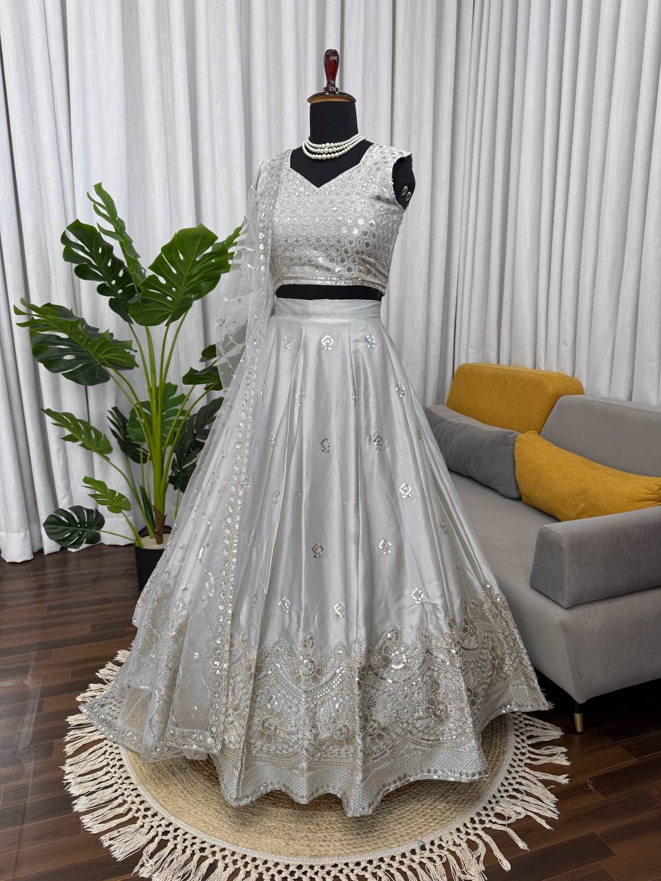 Silver Mist Japan Satin Lehenga Set