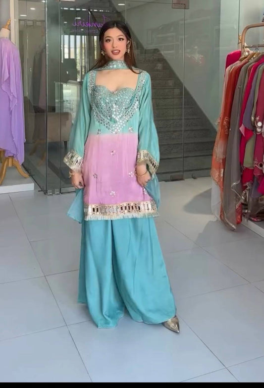 Teal Pink Mirror Work Kurti Palazzo Set with Dupatta