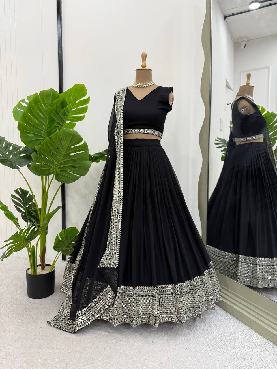 Midnight Black Mirror-Edge Lehenga Set with Statement Border