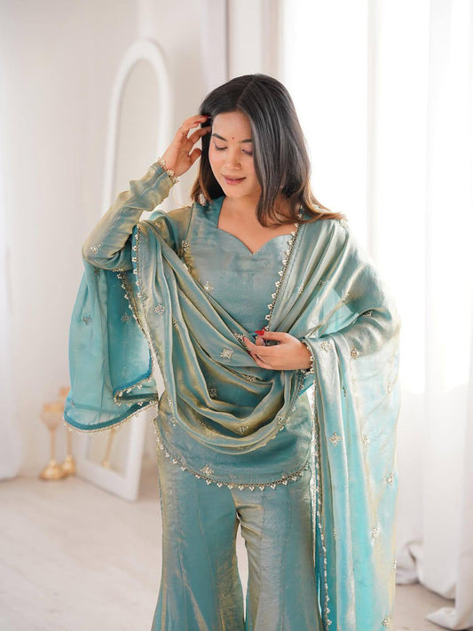Teal Festive Top and Flared Palazzo Set with Dupatta