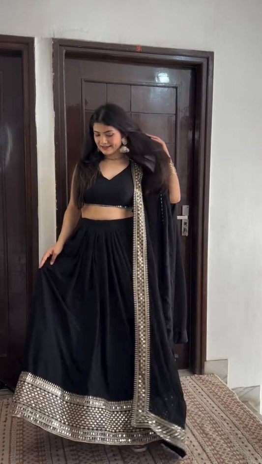 Midnight Black Mirror-Edge Lehenga Set with Statement Border