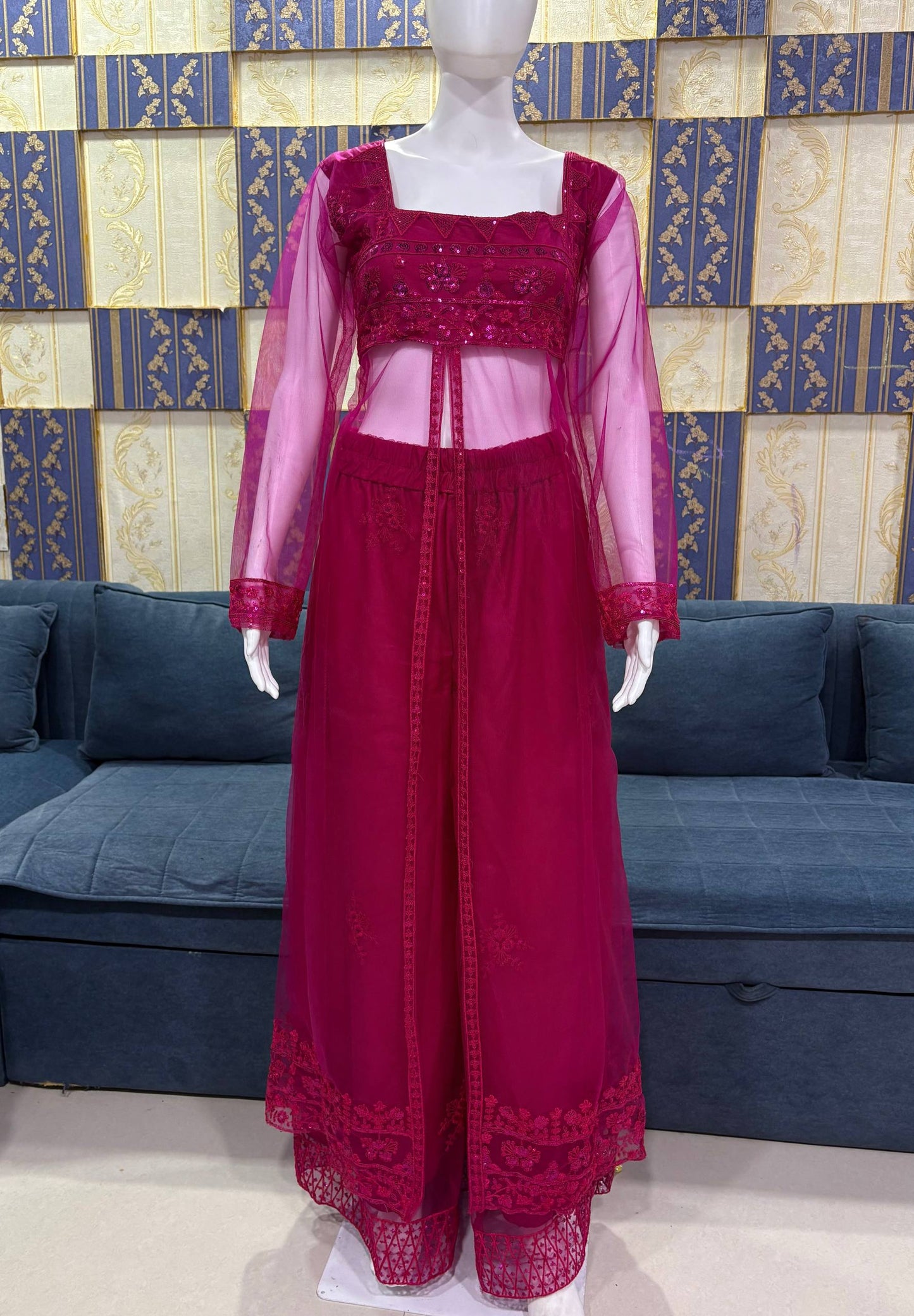 Wine Embroidered Palazzo Set with Dupatta