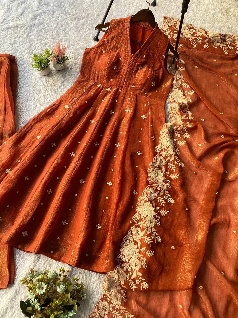 Rust Bloom Flared Kurti Set with Statement Dupatta