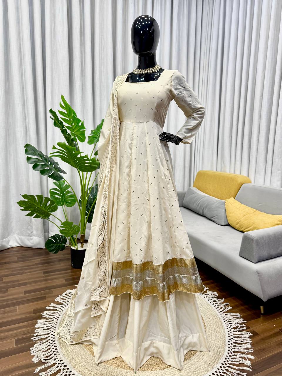 Off White Gown with Plazzo and Dupatta Set