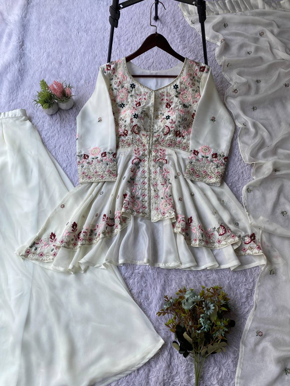 Ivory Flow Peplum Plazzo Set with Delicate Floral Embroidery