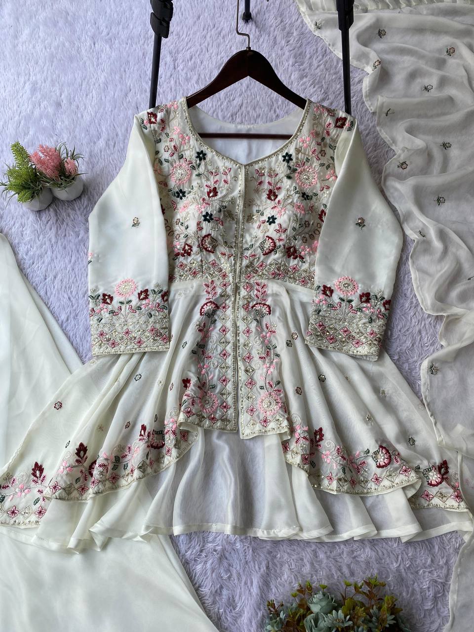 Ivory Flow Peplum Plazzo Set with Delicate Floral Embroidery