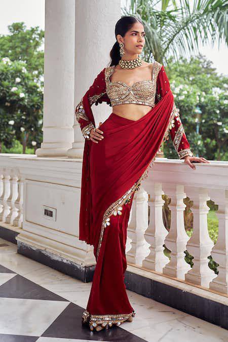 Red Ready to Wear Mirror Work Saree with Designer Blouse