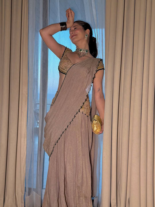 Crushed Ready to Wear Mirror Work Saree with Blouse