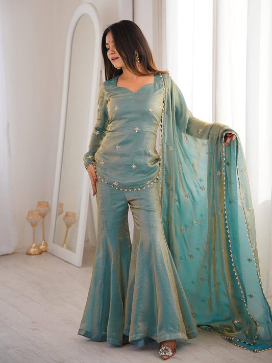 Teal Festive Top and Flared Palazzo Set with Dupatta