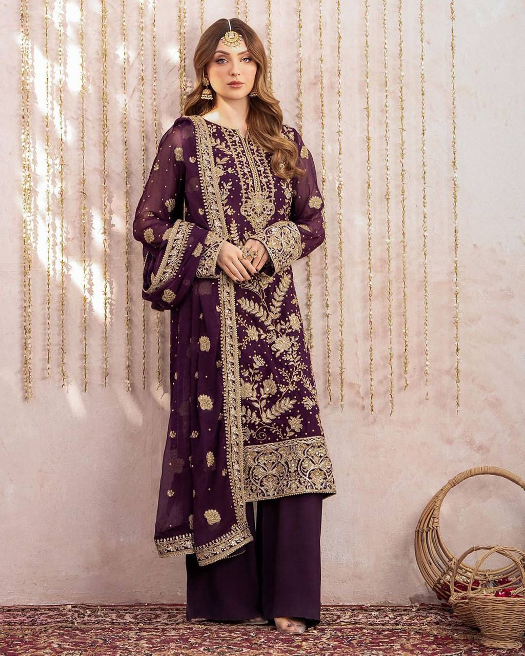 Wine Festive Kurta Palazzo Set with Dupatta