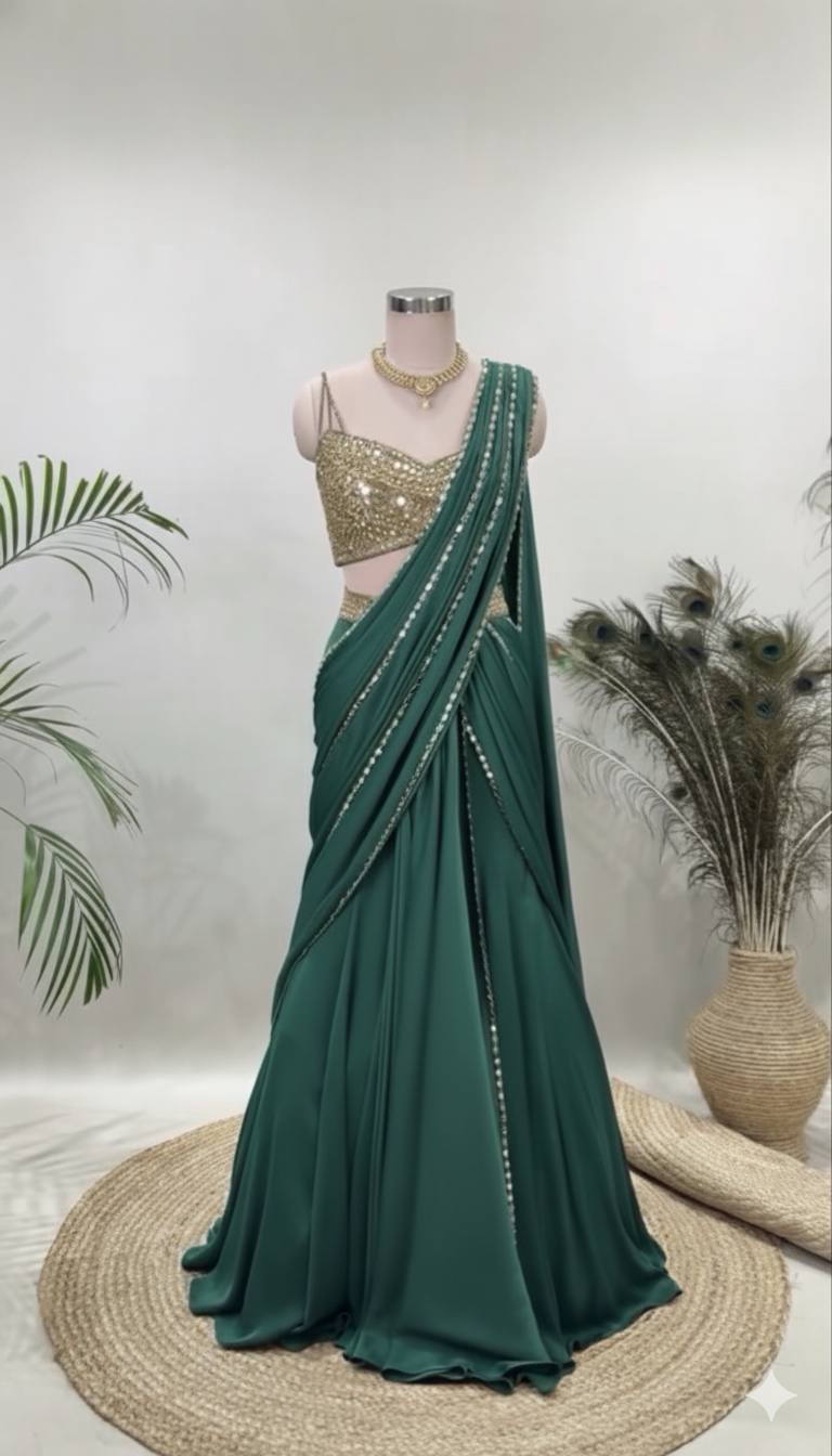 Bottle Green Ready to Wear Mirror Border Saree