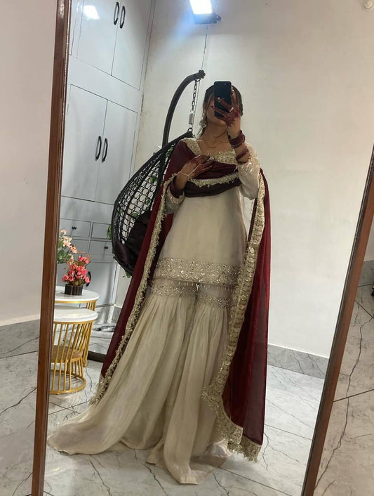 Classic Ivory Sharara Set with Maroon Accents