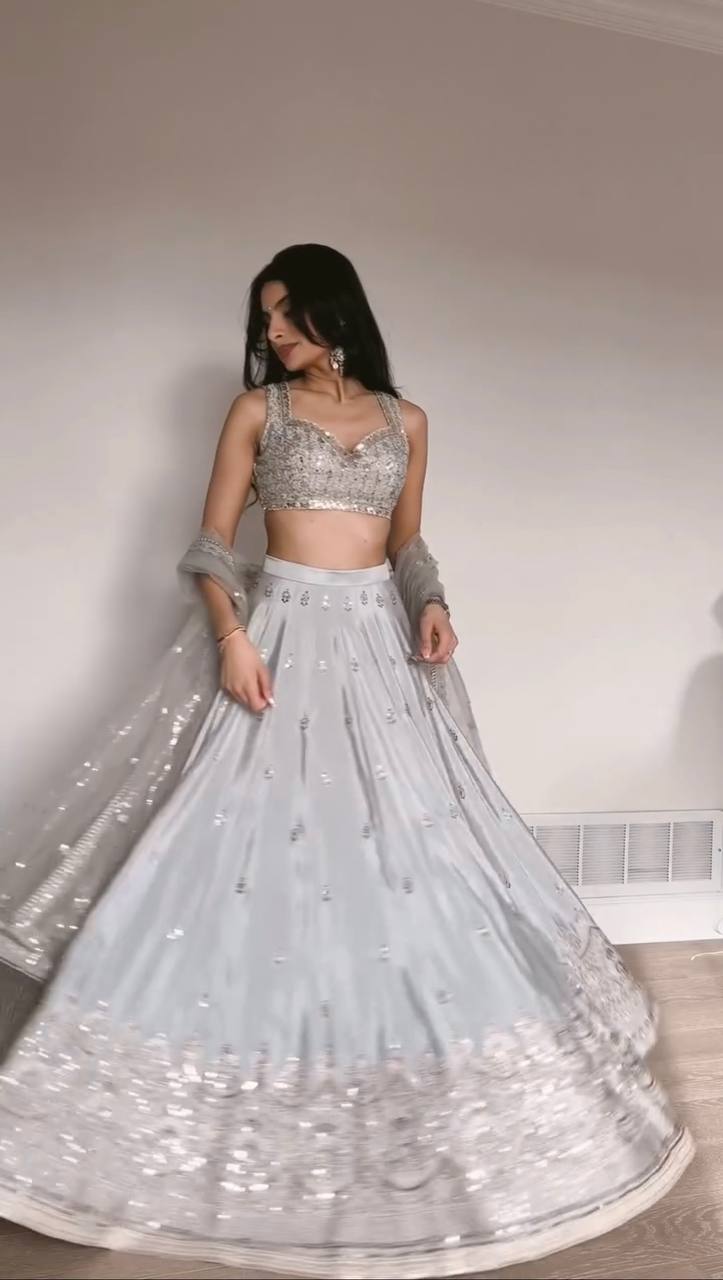 Silver Mist Japan Satin Lehenga Set
