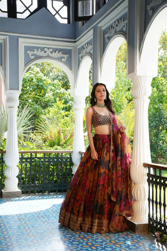 Autumn Bloom Digital Print Lehenga with Statement Organza Drape