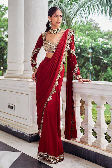 Red Ready to Wear Mirror Work Saree with Designer Blouse