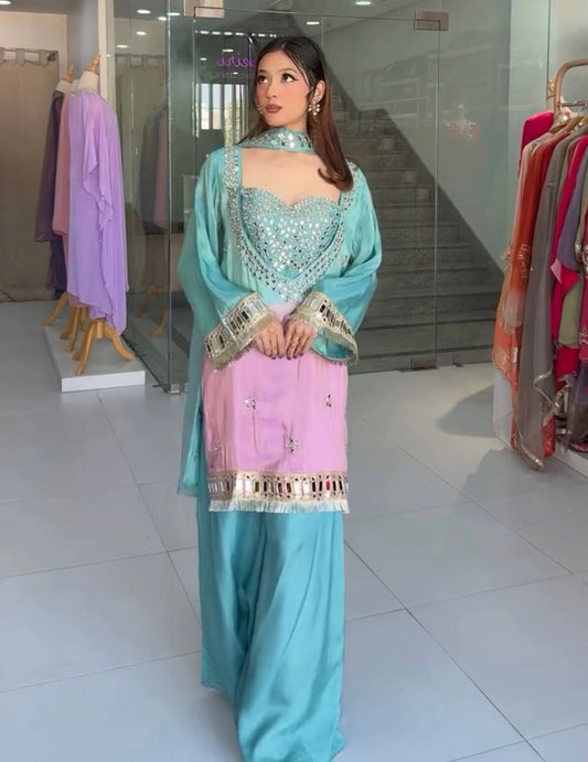 Teal Pink Mirror Work Kurti Palazzo Set with Dupatta
