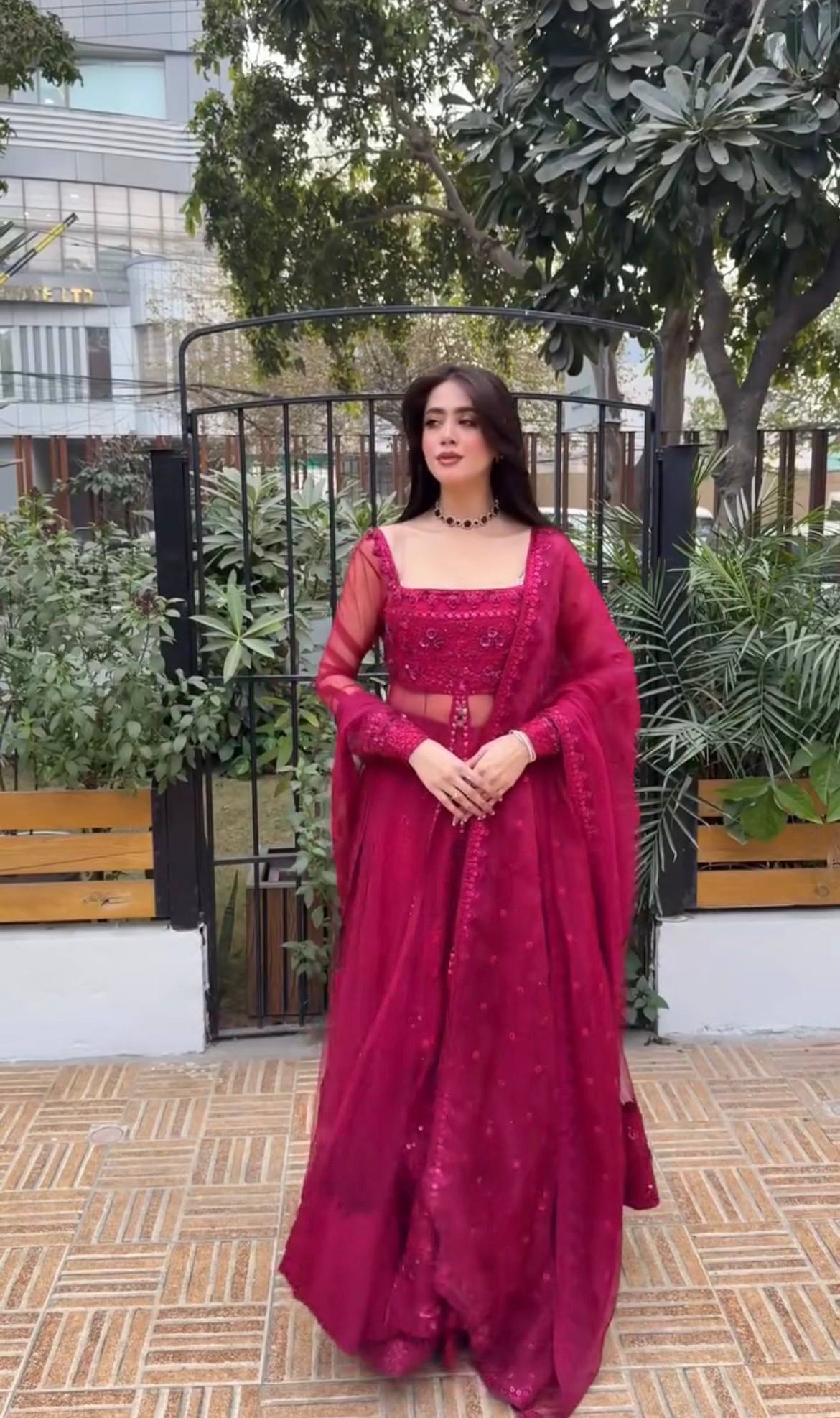 Wine Embroidered Palazzo Set with Dupatta