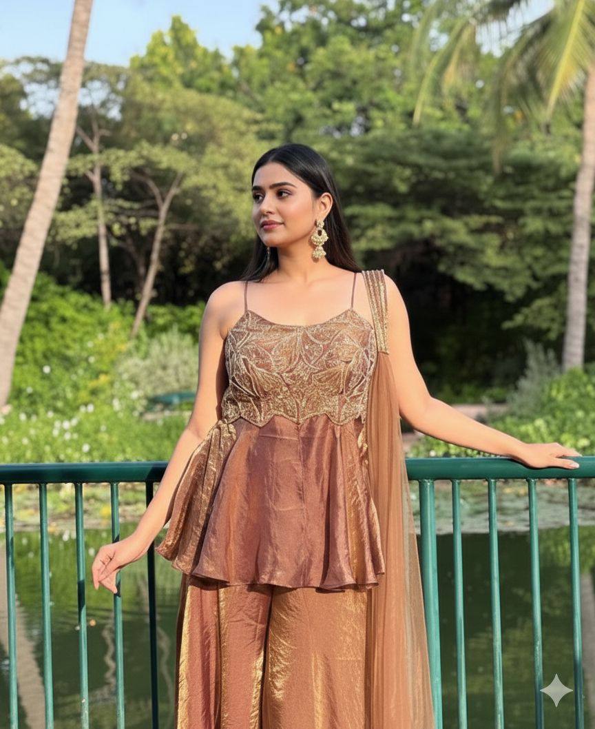 Bronze Whisper Peplum Palazzo Set