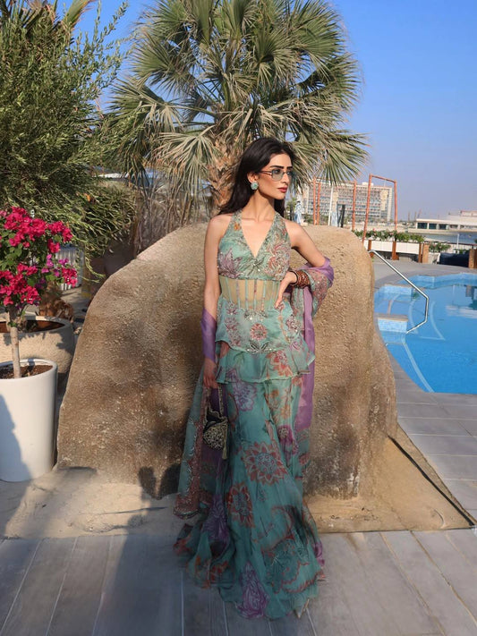 Sea Green Georgette Top Palazzo Set with Dupatta