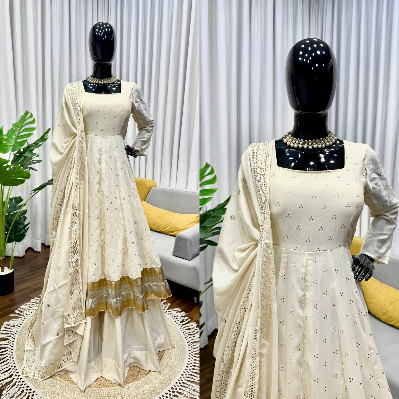 Off White Gown with Plazzo and Dupatta Set