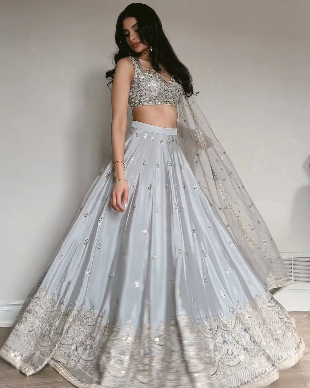 Silver Mist Japan Satin Lehenga Set