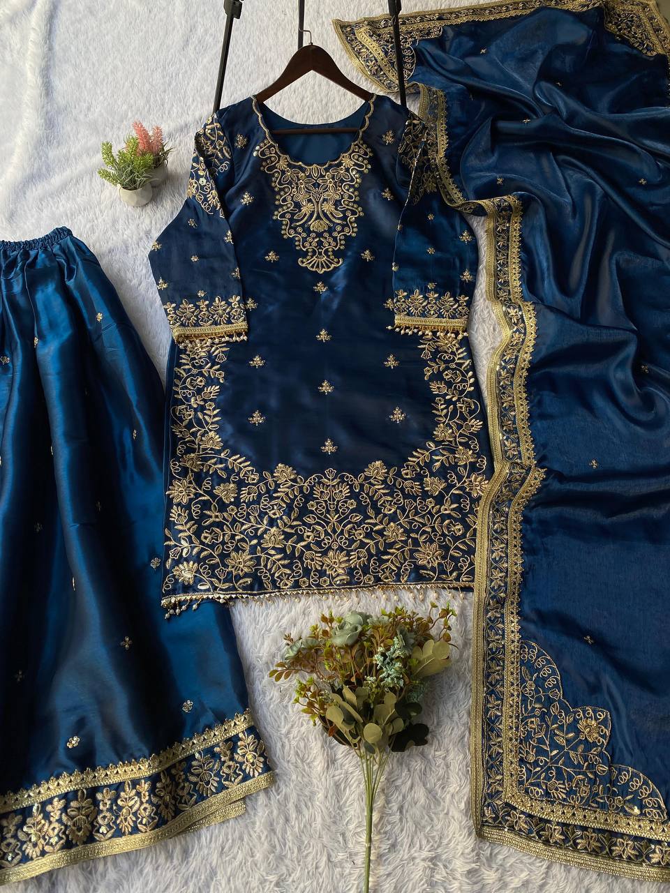 Navy Blue Partywear Plazo Set for Women | Elegant Embroidered Outfit