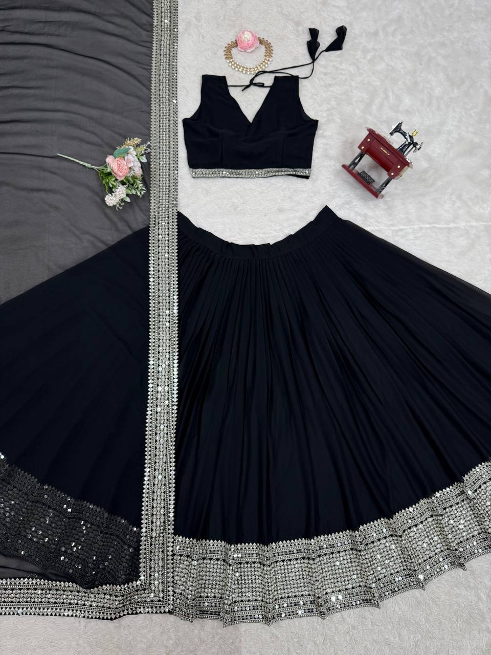 Midnight Black Mirror-Edge Lehenga Set with Statement Border