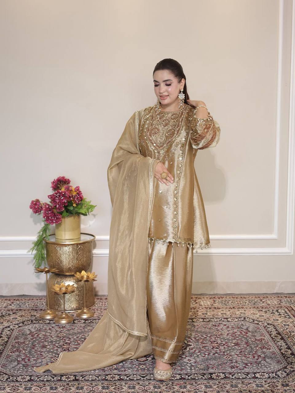 Antique Gold Salwar Set with Heritage-Inspired Sequence Detailing