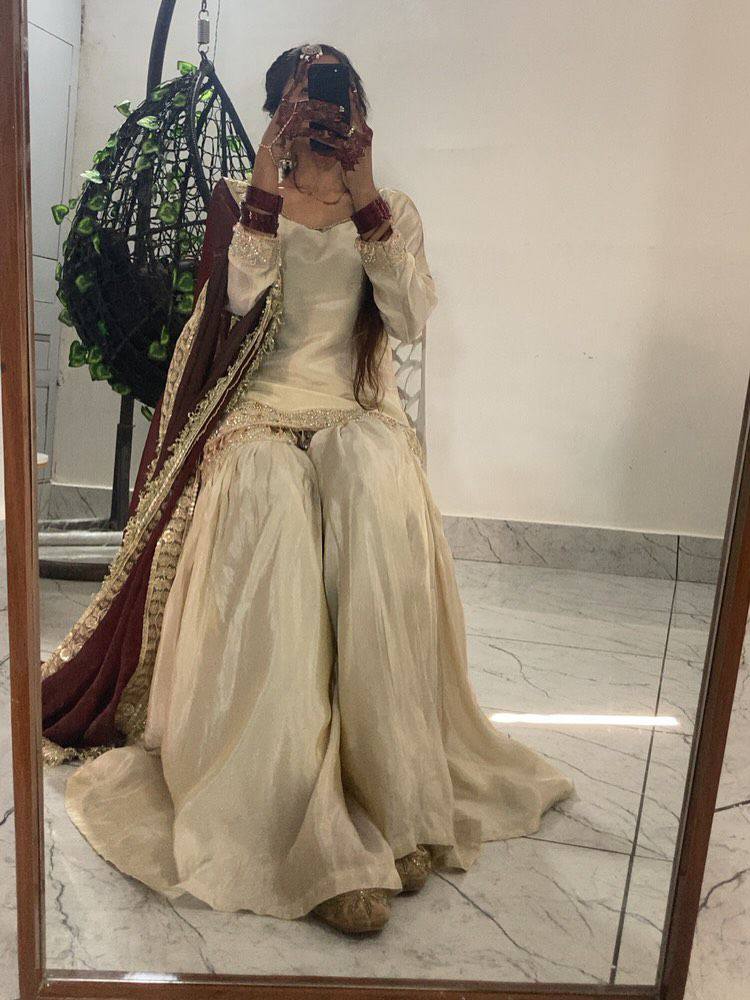 Classic Ivory Sharara Set with Maroon Accents