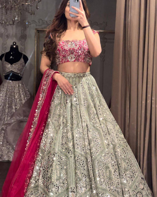 Sage Green Flared Lehenga with Pink Dupatta