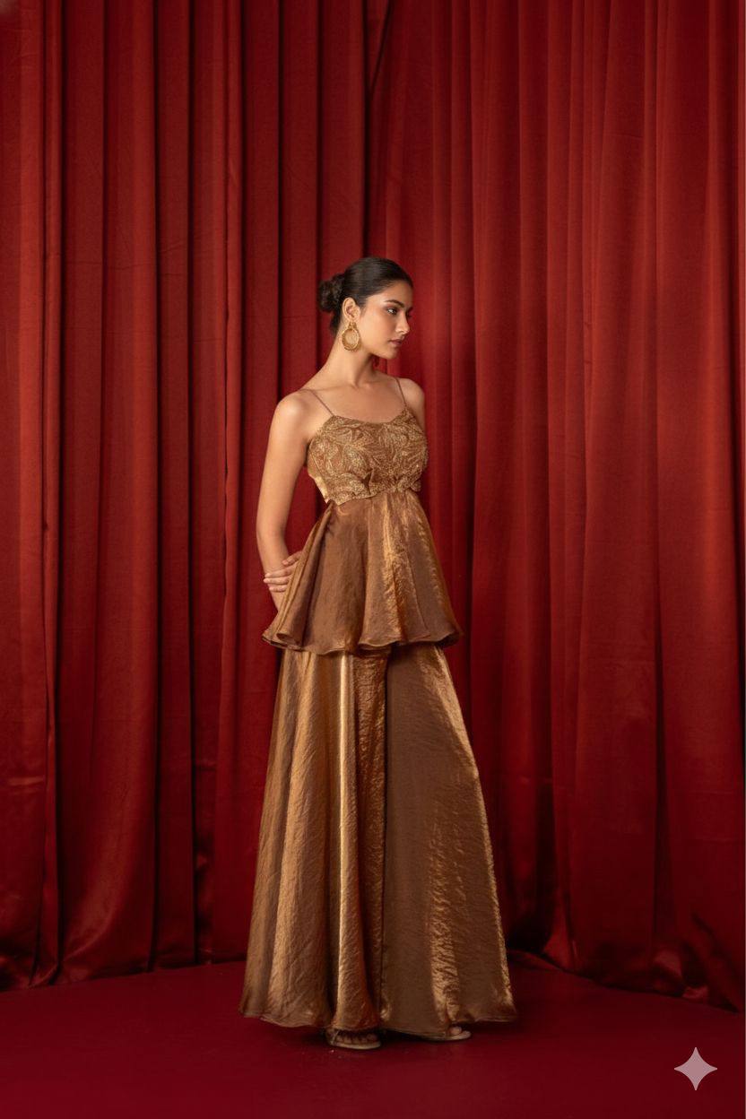 Bronze Whisper Peplum Palazzo Set