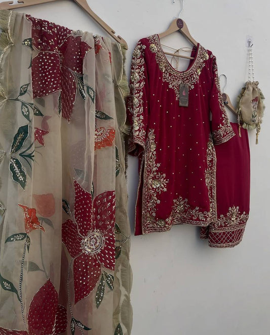 Wine Partywear Plazo Set for Women | Embroidered Festive Outfit