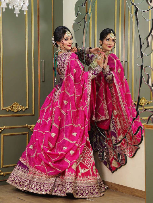 Rani Pink & Plum Heirloom Lehenga with Geometric Embroidery