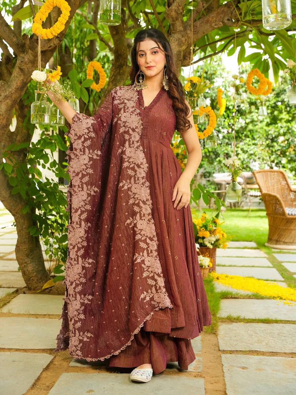 Rust Bloom Flared Kurti Set with Statement Dupatta