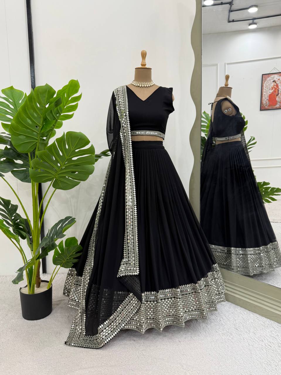 Midnight Black Mirror-Edge Lehenga Set with Statement Border