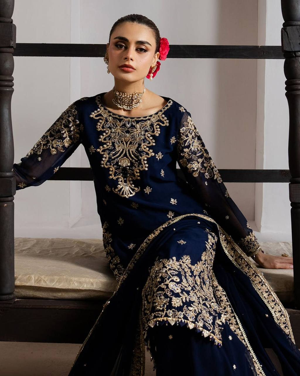 Navy Blue Partywear Plazo Set for Women | Elegant Embroidered Outfit