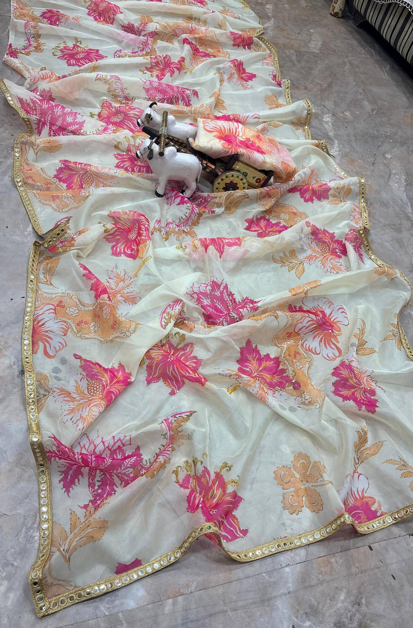 Floral Tabby Silk Saree with Unstitched Blouse