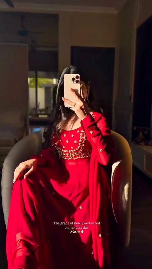 Red Flared Suit Set with Dupatta and Pant