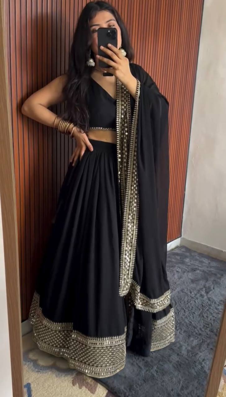 Midnight Black Mirror-Edge Lehenga Set with Statement Border
