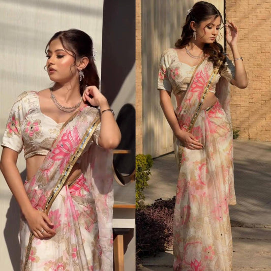 Floral Tabby Silk Saree with Unstitched Blouse