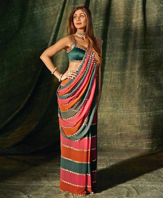 Multicolor Mirror Work Georgette Saree with Blouse