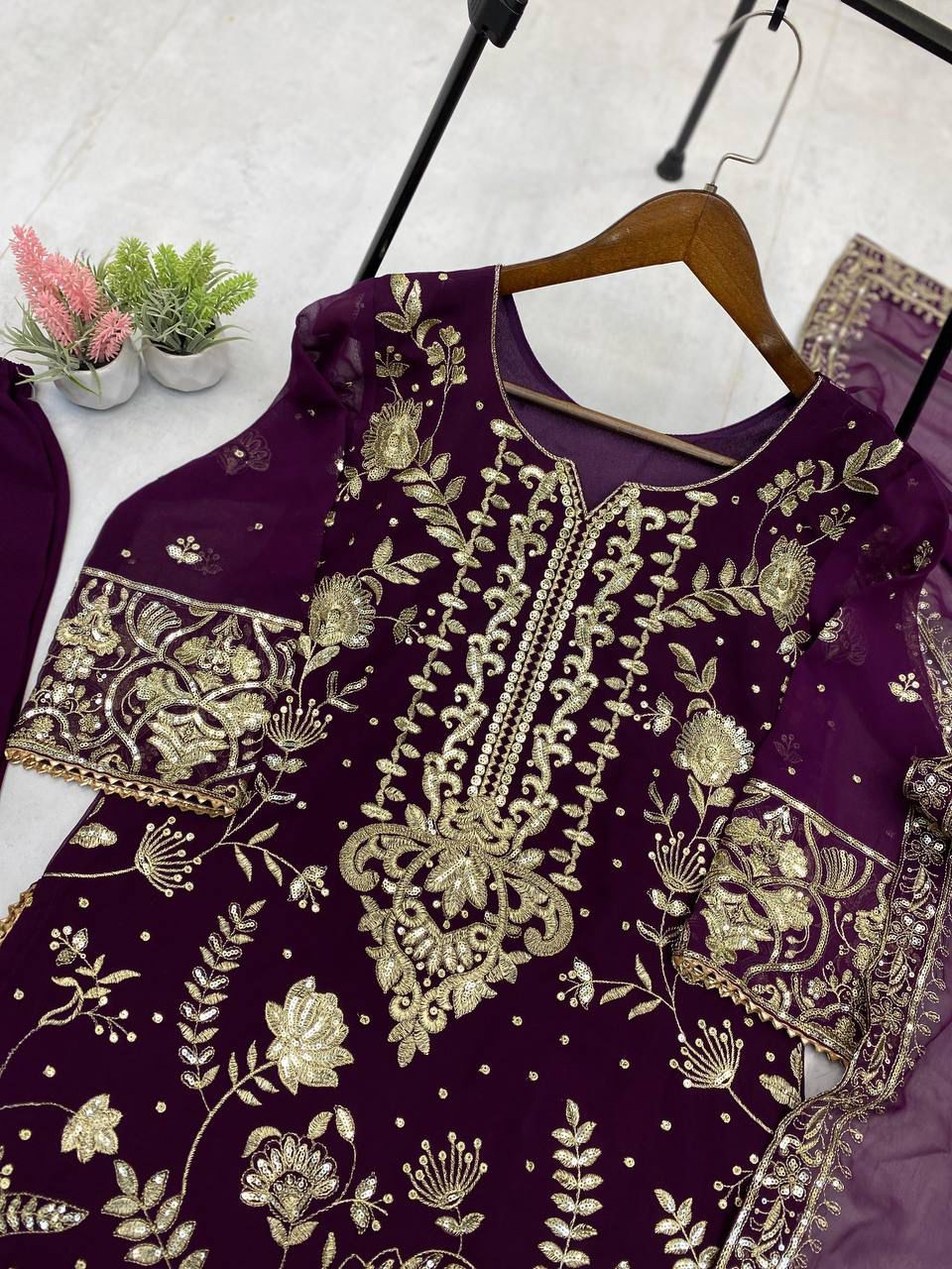 Wine Festive Kurta Palazzo Set with Dupatta