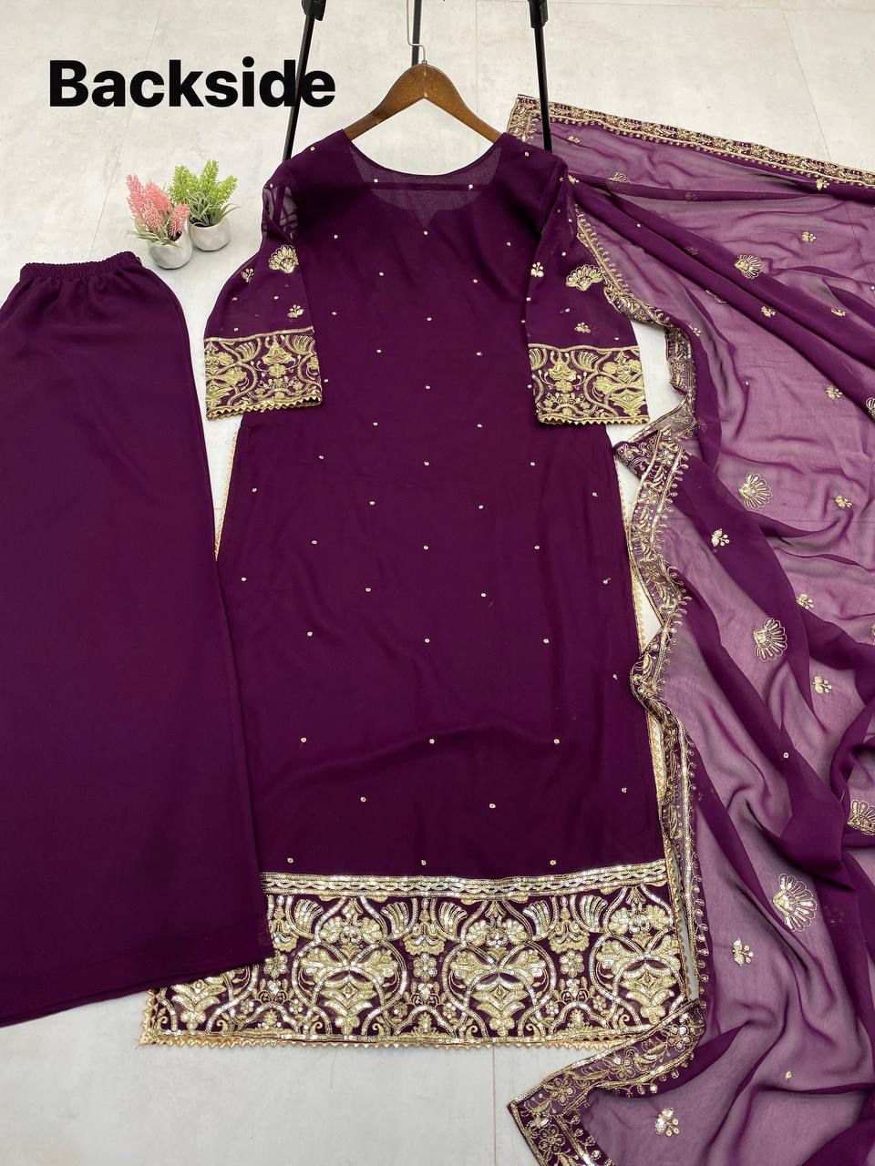 Wine Festive Kurta Palazzo Set with Dupatta