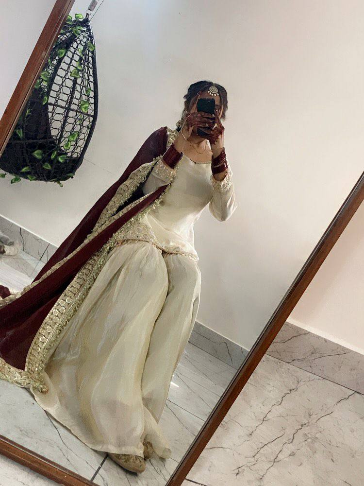 Classic Ivory Sharara Set with Maroon Accents