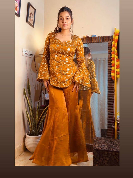 Amber Glow Embroidered Top & Flowy Plazzo Set