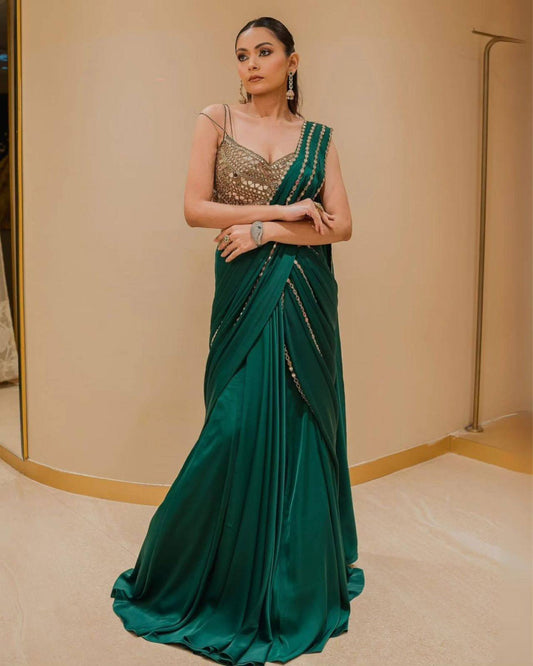 Bottle Green Ready to Wear Mirror Border Saree