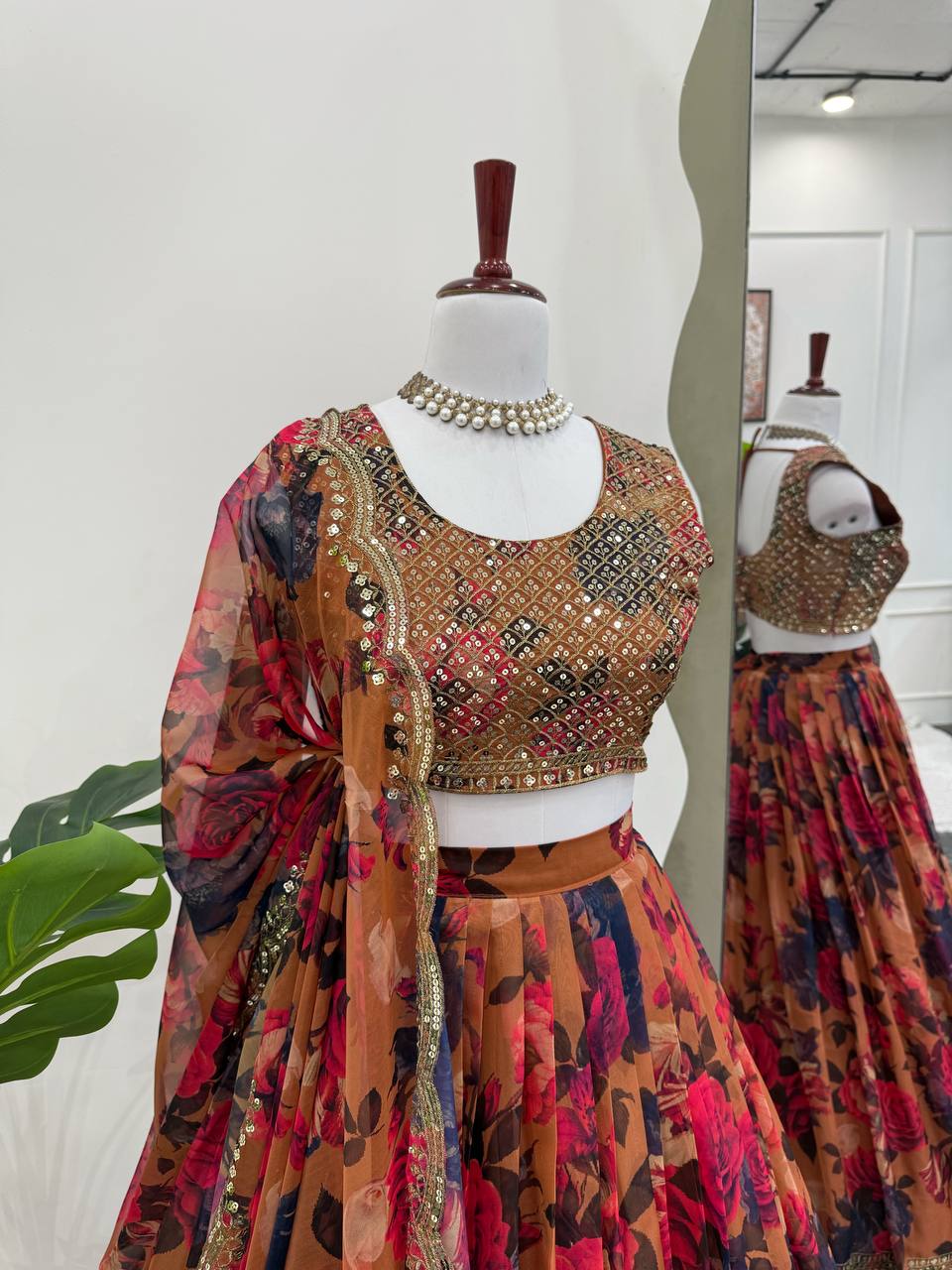 Autumn Bloom Digital Print Lehenga with Statement Organza Drape