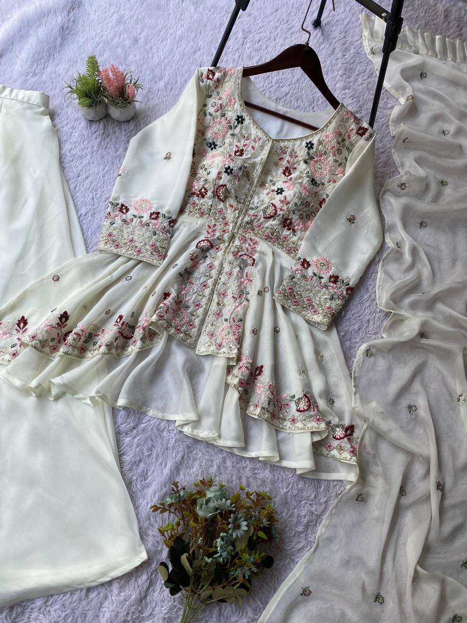 Ivory Flow Peplum Plazzo Set with Delicate Floral Embroidery