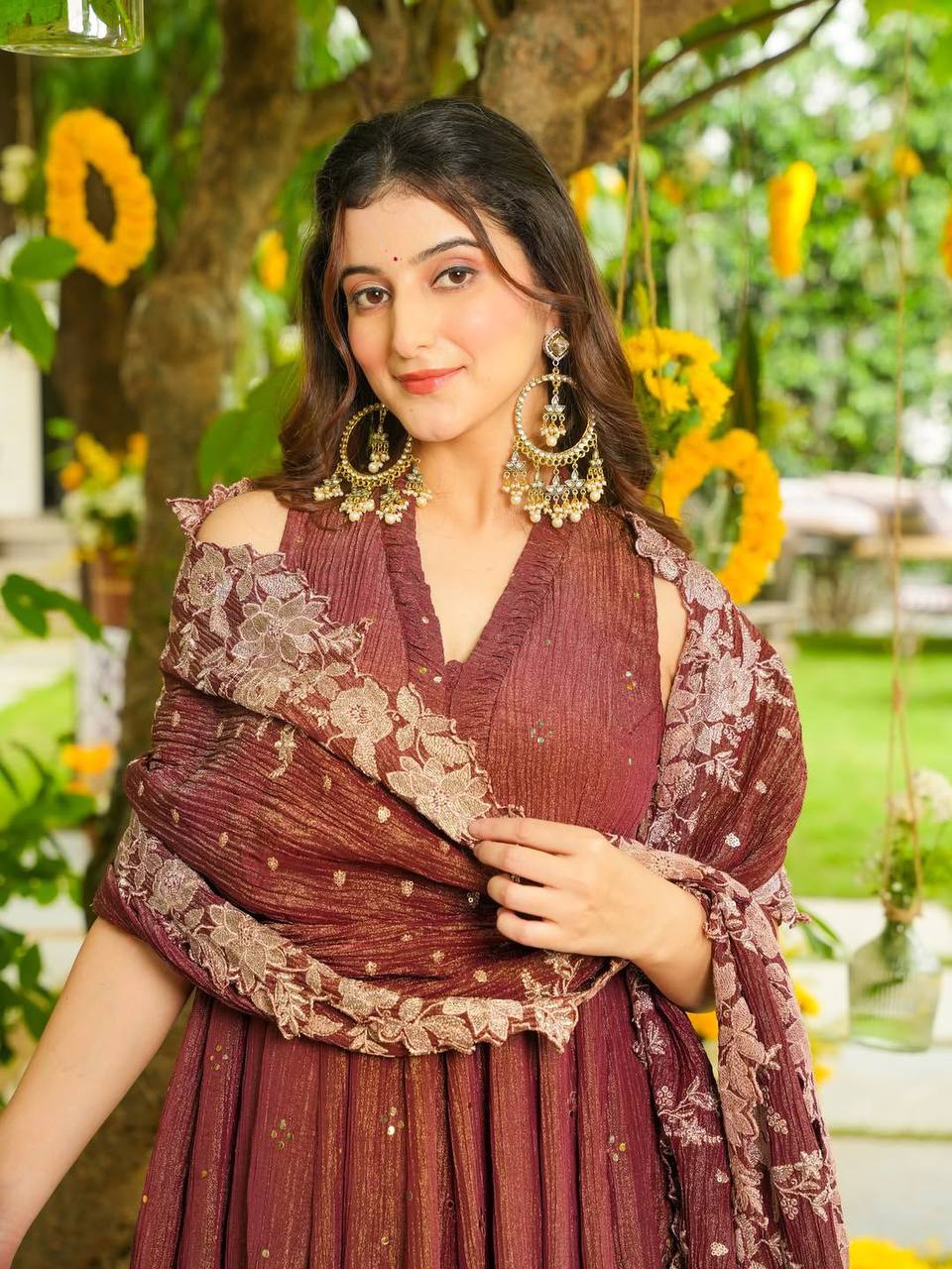 Rust Bloom Flared Kurti Set with Statement Dupatta